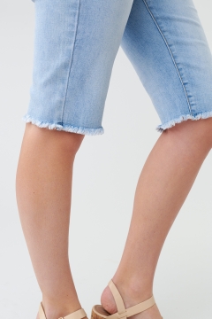 womens light wash denim frayed hem bermuda shorts